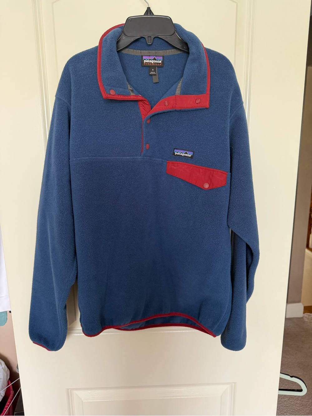 Patagonia Synchilla Fleece in Navy with Red and Purple Logo Accents